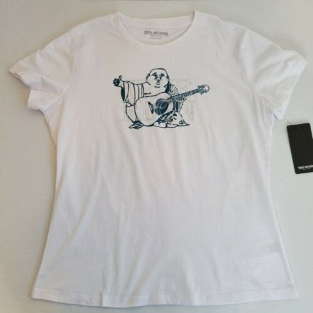 True Religion Women's Crystal Embellished Buddha Slim Crew White Tee T-Shirt XXL
